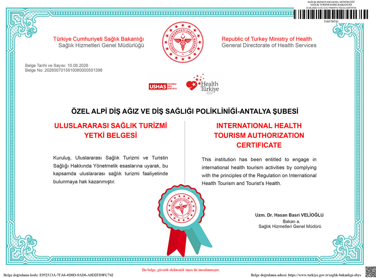 Uluslararası Sağlık Turizmi Yetki Belgesi — Türkiye Cumhuriyeti, Sağlık Bakanlığı, Özel Alpi Diş, Antalya adına düzenlenmiştir